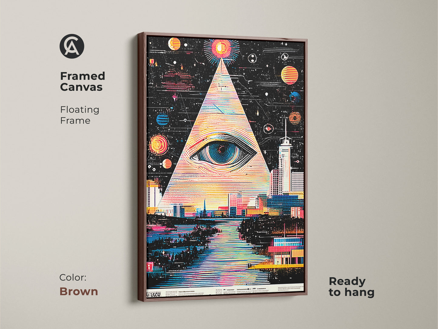 Framed canvas of surreal eye cityscape. Brown floating frame. This abstract space pyramid art adds a touch of modern to any room. Geometric city wall decor is ready to hang. A sci-fi art piece.