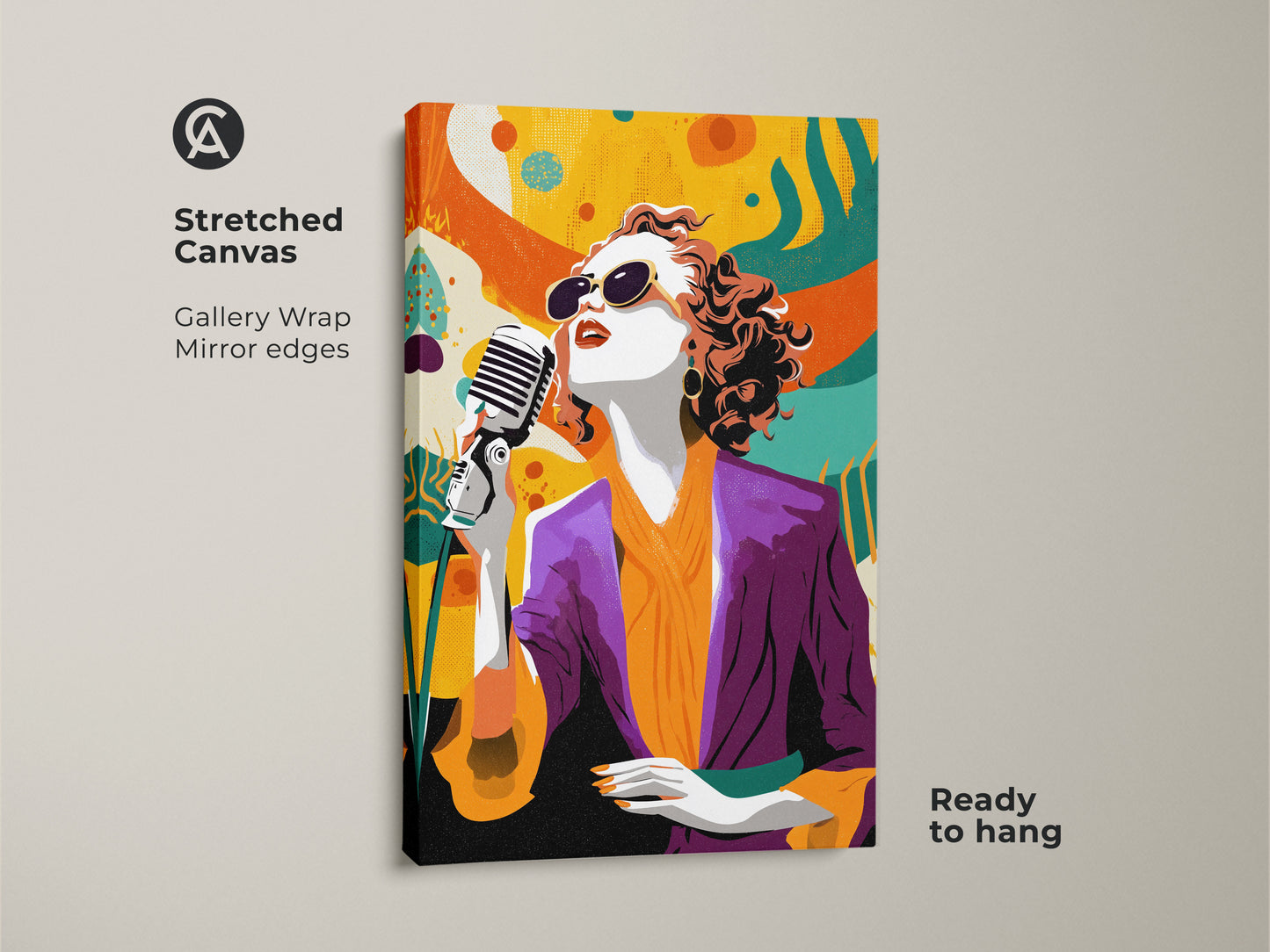 Stretched canvas gallery wrap of retro pop art singer. The abstract music wall art features a vintage microphone. Eclectic orange and teal hues make this a unique musician artwork gift. It's a great birthday gift for her. Ready to hang adding a lively touch to any room.