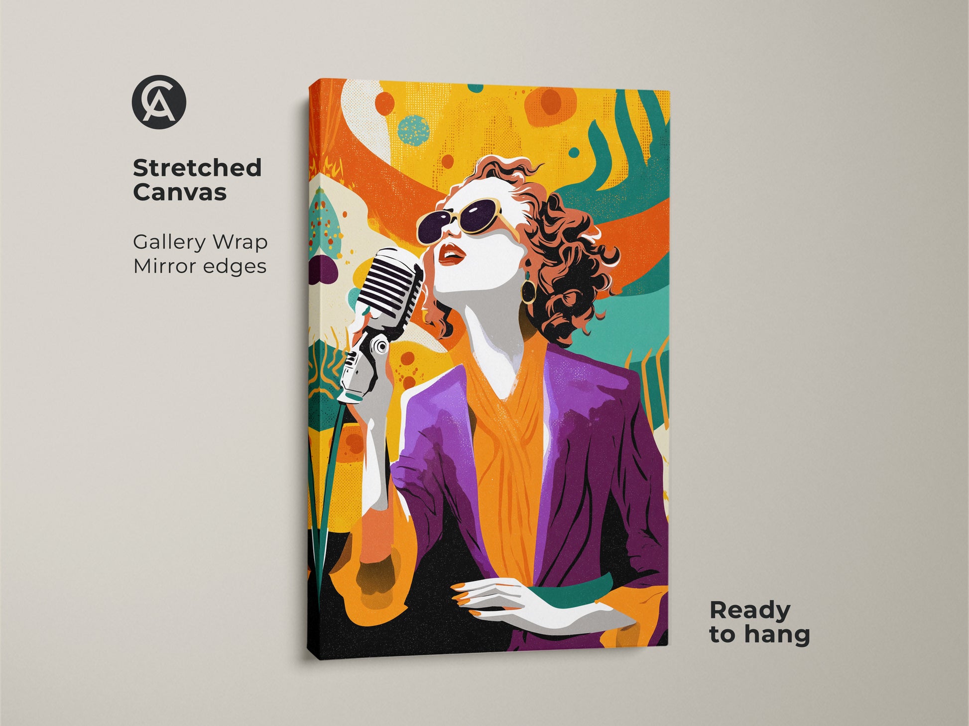 Stretched canvas gallery wrap of retro pop art singer. The abstract music wall art features a vintage microphone. Eclectic orange and teal hues make this a unique musician artwork gift. It's a great birthday gift for her. Ready to hang adding a lively touch to any room.