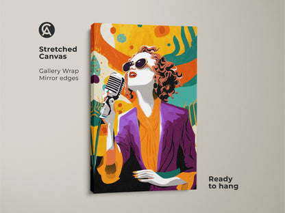 Stretched canvas gallery wrap of retro pop art singer. The abstract music wall art features a vintage microphone. Eclectic orange and teal hues make this a unique musician artwork gift. It's a great birthday gift for her. Ready to hang adding a lively touch to any room.
