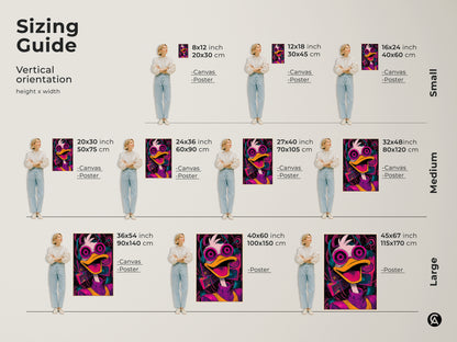 Sizing guide for Donald Duck canvas and poster prints. Vertical orientation height x width in inches and centimeters. Find the perfect size for your wall art needs small medium or large.