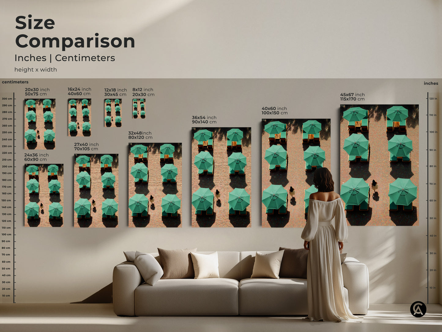 Compare sizes of minimalist travel artwork. See how each canvas and poster size complements a modern living space. Choose the perfect contemporary art to enhance your home decor.