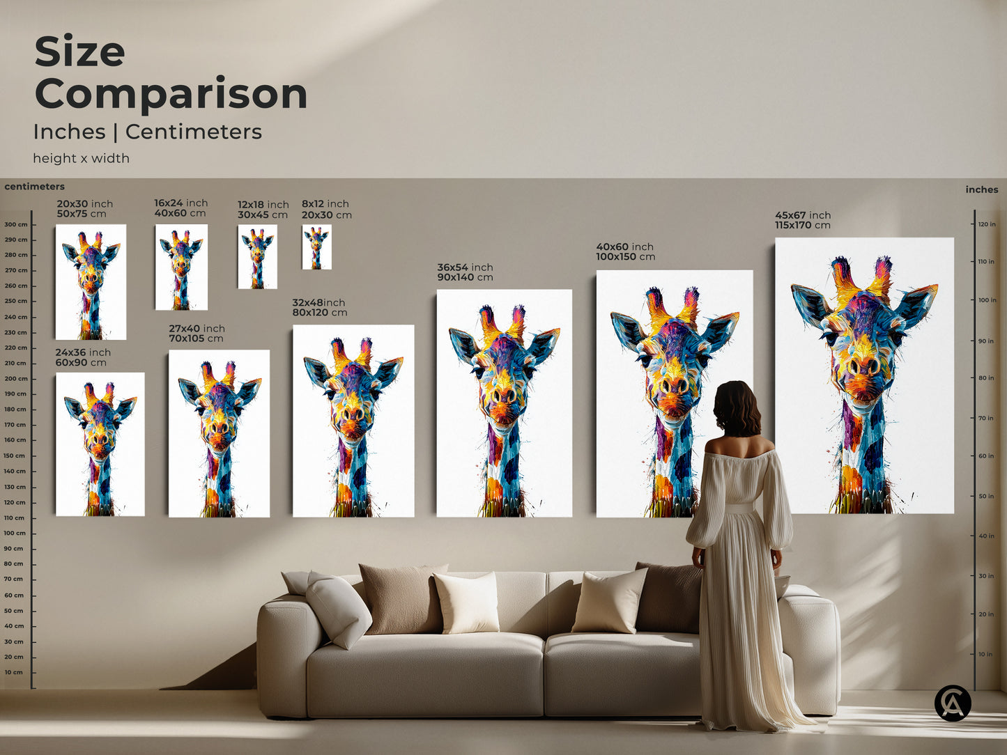 Compare sizes of this abstract giraffe artwork for your home. See how the canvas print fits above a sofa. Visualize the poster and its sizes. This colorful wildlife art enhances any room. Find the perfect eclectic wall decor.