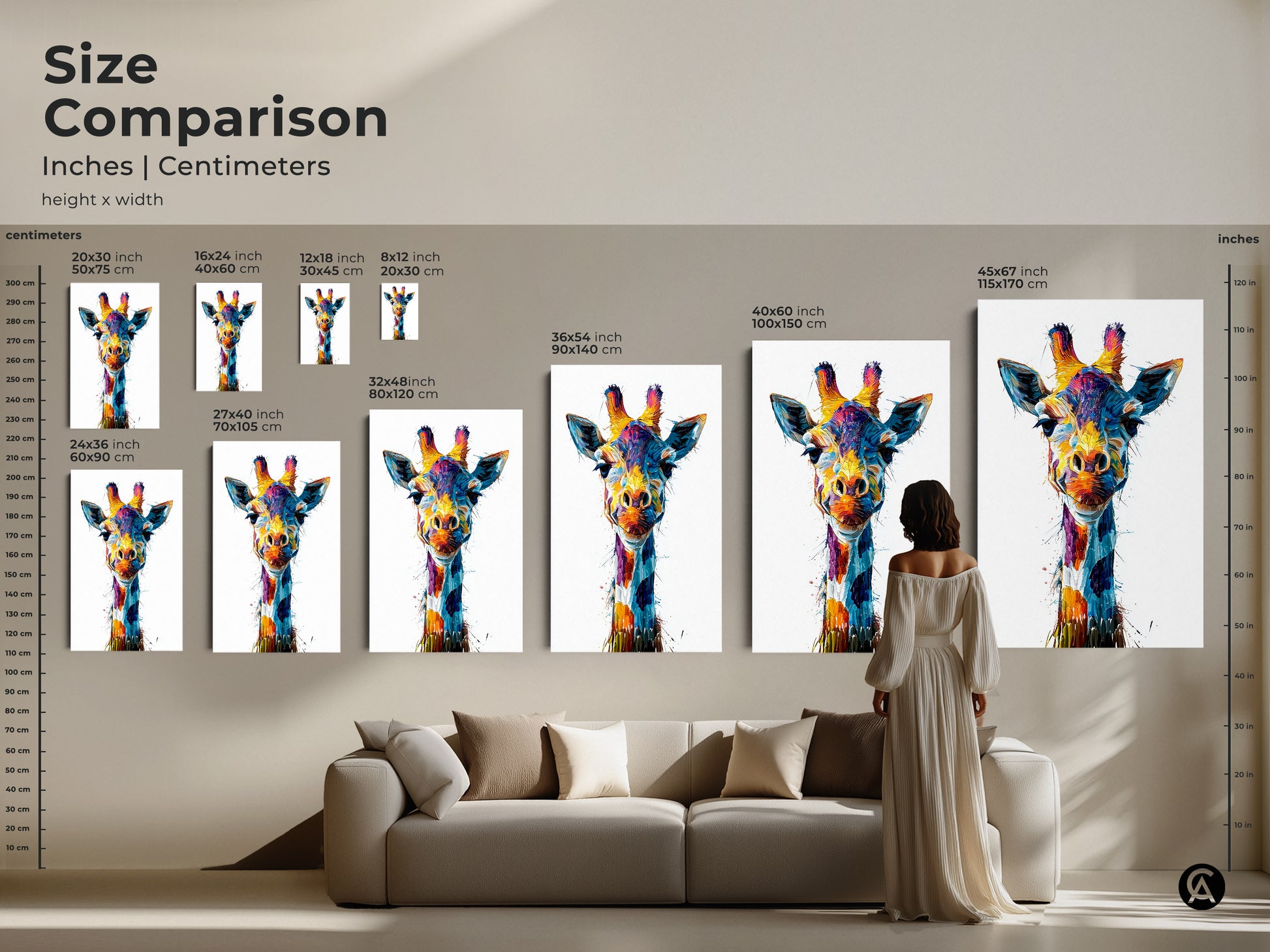 Compare sizes of this abstract giraffe artwork for your home. See how the canvas print fits above a sofa. Visualize the poster and its sizes. This colorful wildlife art enhances any room. Find the perfect eclectic wall decor.