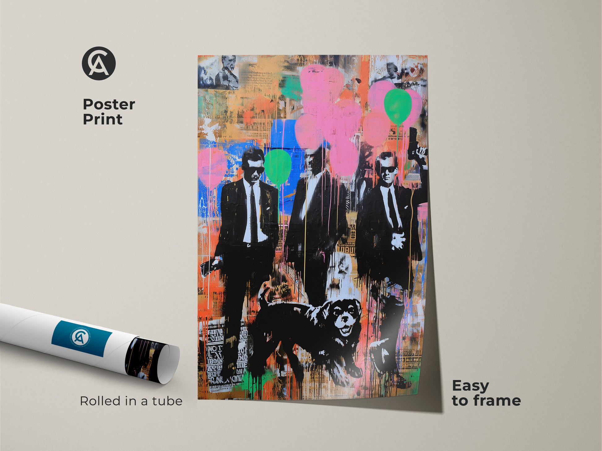 Poster Print of Men in Suits Dog Graffiti Artwork. Easy to frame urban pop art for a modern aesthetic. The pink orange and black artwork adds a colorful statement to any room. Rolled in a tube for safe shipping. Perfect for eclectic home decor.