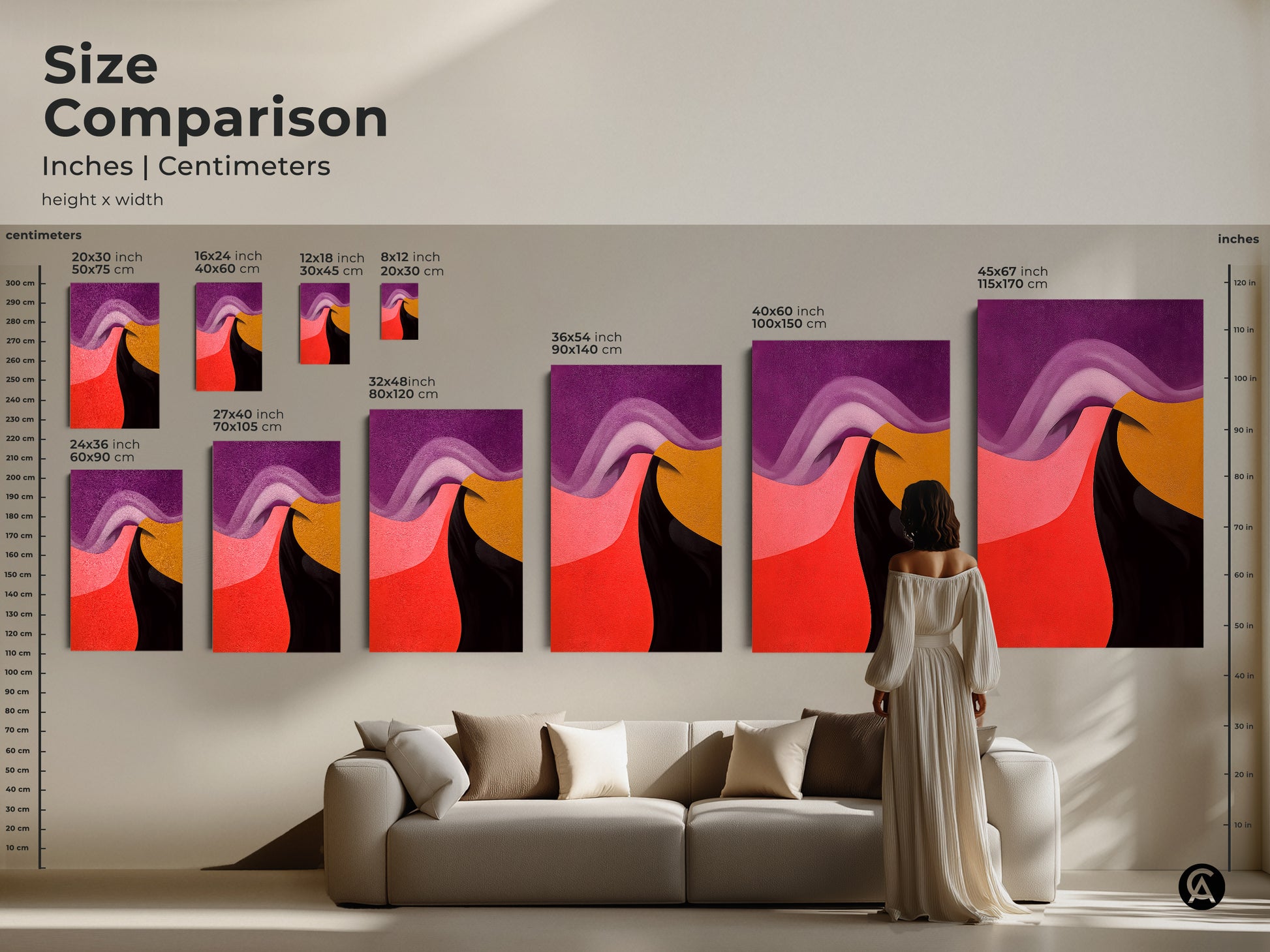 Size comparison of modern abstract wall art. See how geometric swirls in purple pink red and gold scale in a living space. Find the perfect canvas print for any room decor.