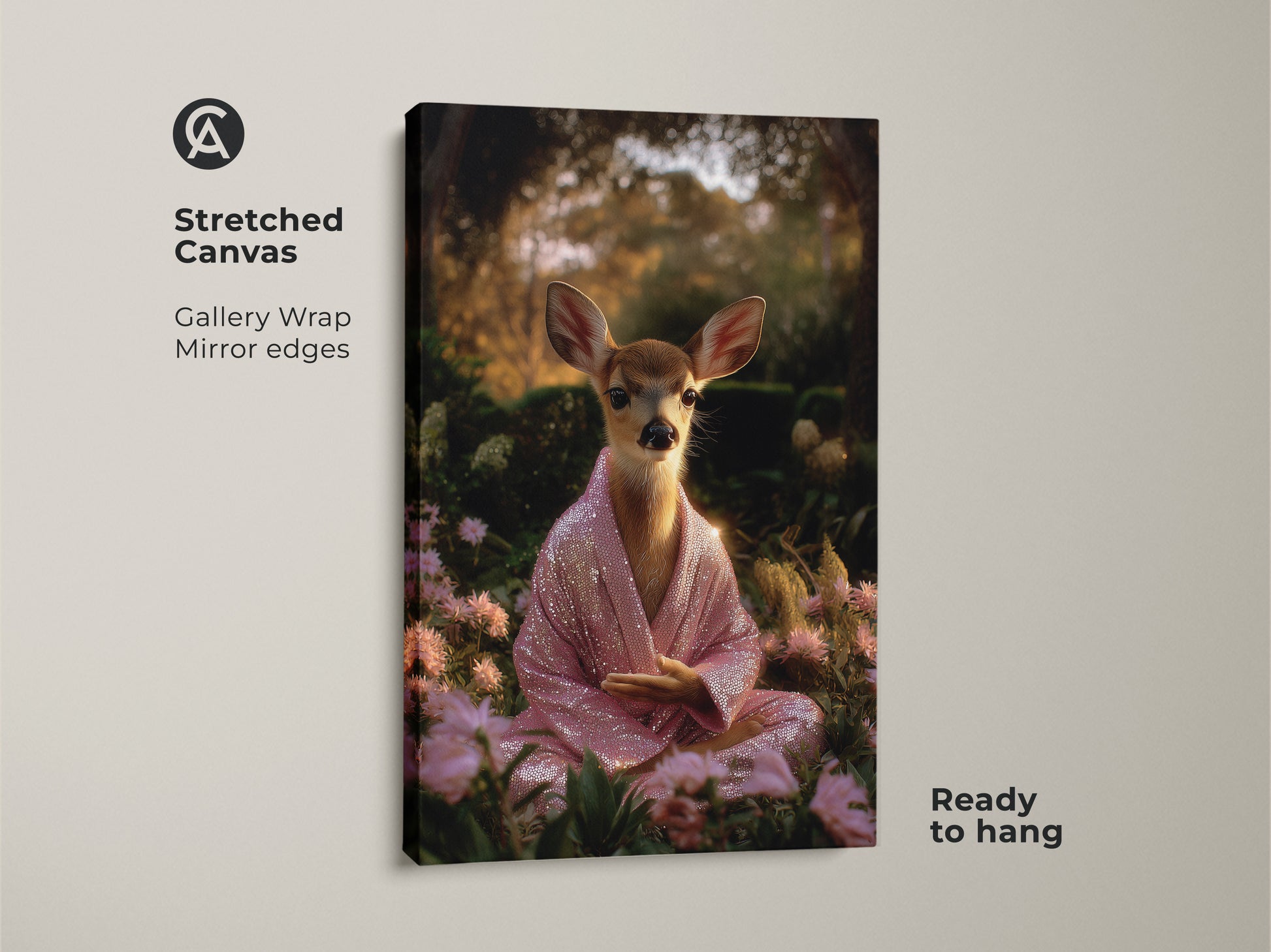 Stretched canvas print of a meditating deer. The spiritual animal wall decor features a fawn in a pink sequin robe. The boho art is ready to hang. It's a peaceful zen fawn print perfect for bedroom spiritual decor.