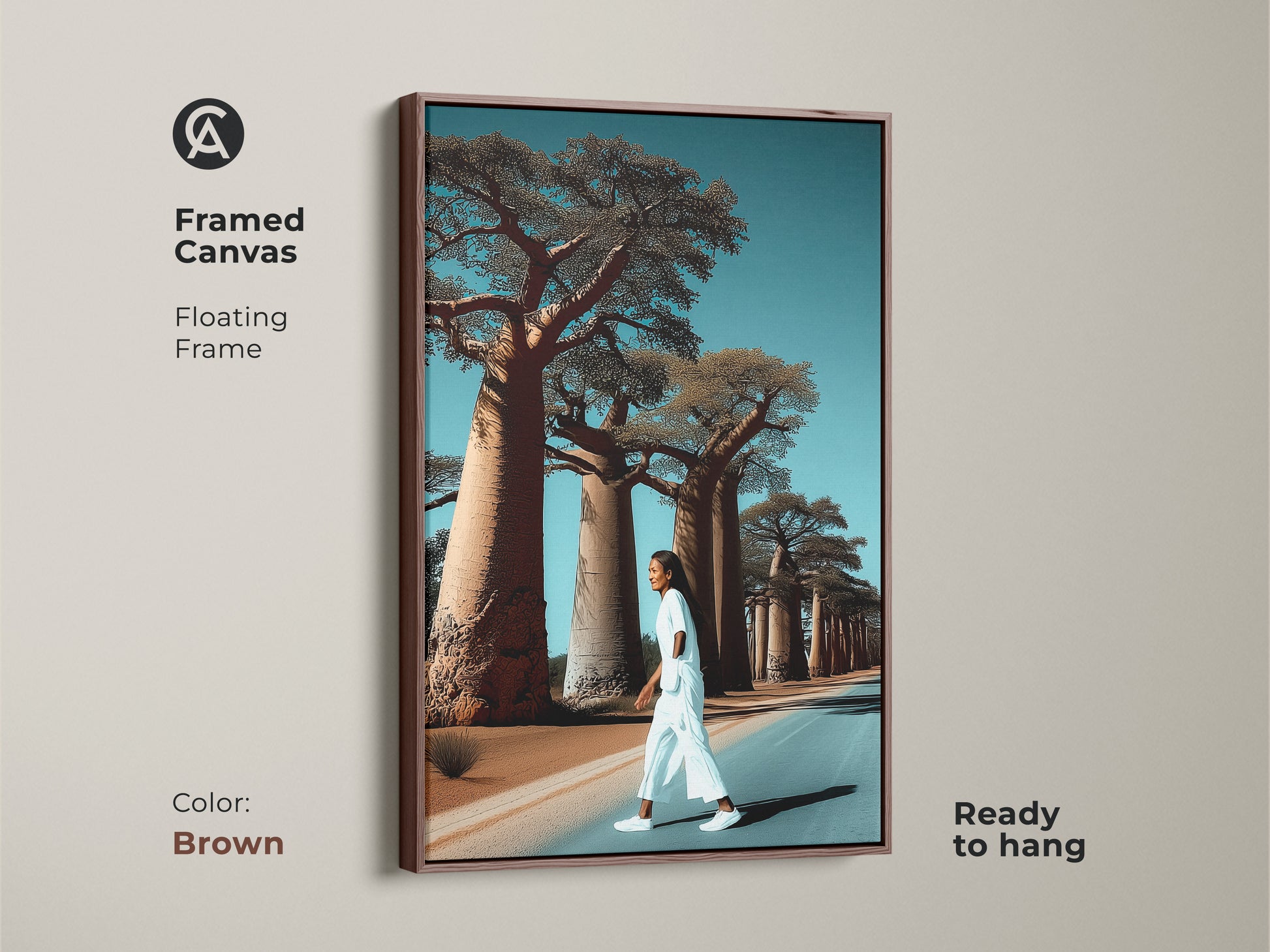 Realistic Baobab tree artwork inside a brown floating frame. A woman walks a lonely road. This African landscape canvas art is ready to hang. It brings boho travel decor to any room. The brown and blue tones create vacation vibes. This artwork is a unique gift idea.