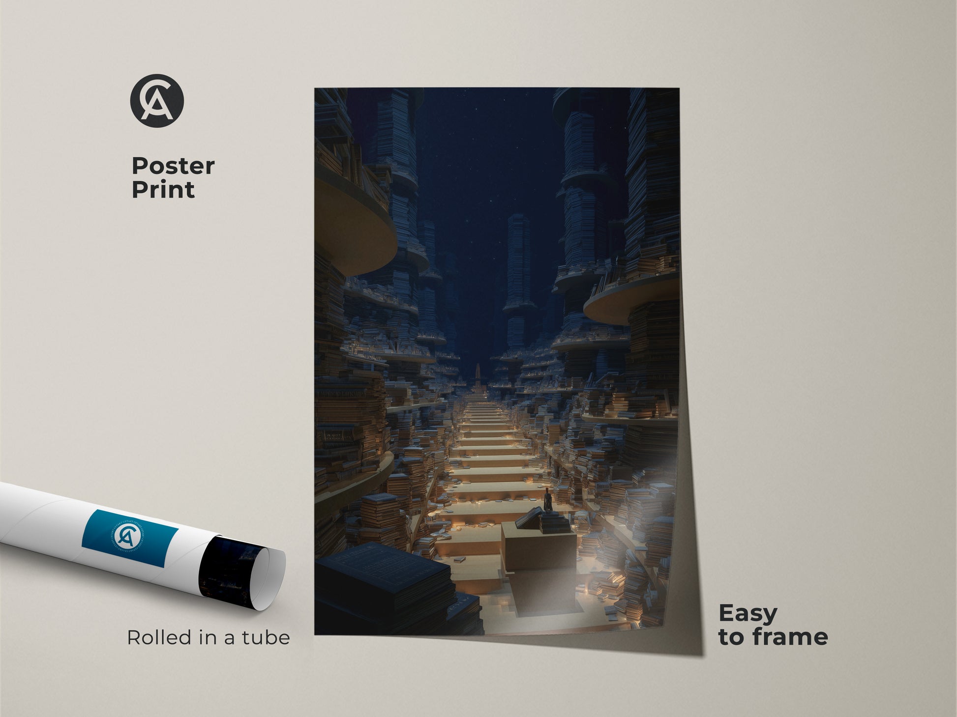 Poster print of a fantasy architecture print featuring an endless bookshelf. The detailed surreal building artwork adds a touch of sophistication to any room. Ideal for a reading nook or study. This print makes a unique gift for scholars.