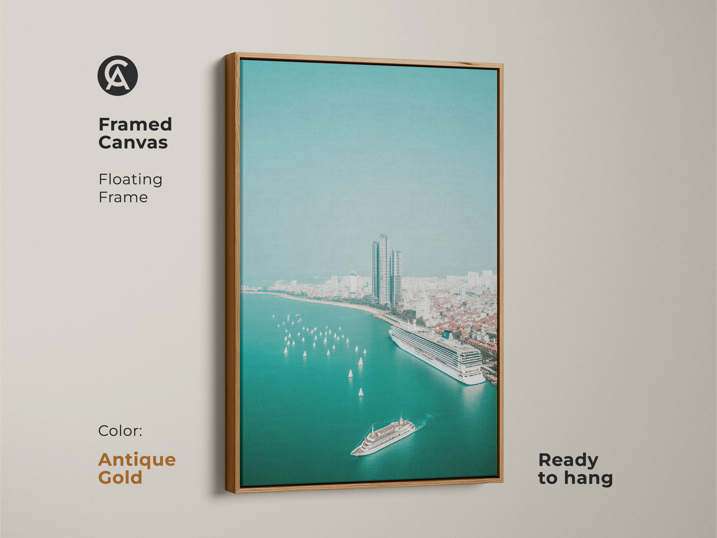 Framed canvas with an antique gold floating frame features an aerial cruise ship. Sailboats accent the teal ocean cityscape. This contemporary artwork adds modern coastal charm and serves as a unique travel lover gift idea.