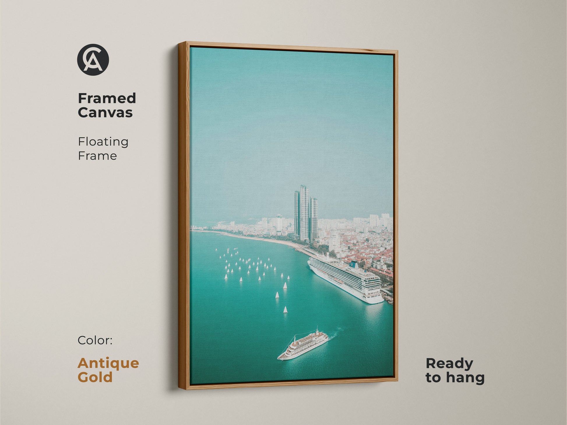 Framed canvas with an antique gold floating frame features an aerial cruise ship. Sailboats accent the teal ocean cityscape. This contemporary artwork adds modern coastal charm and serves as a unique travel lover gift idea.