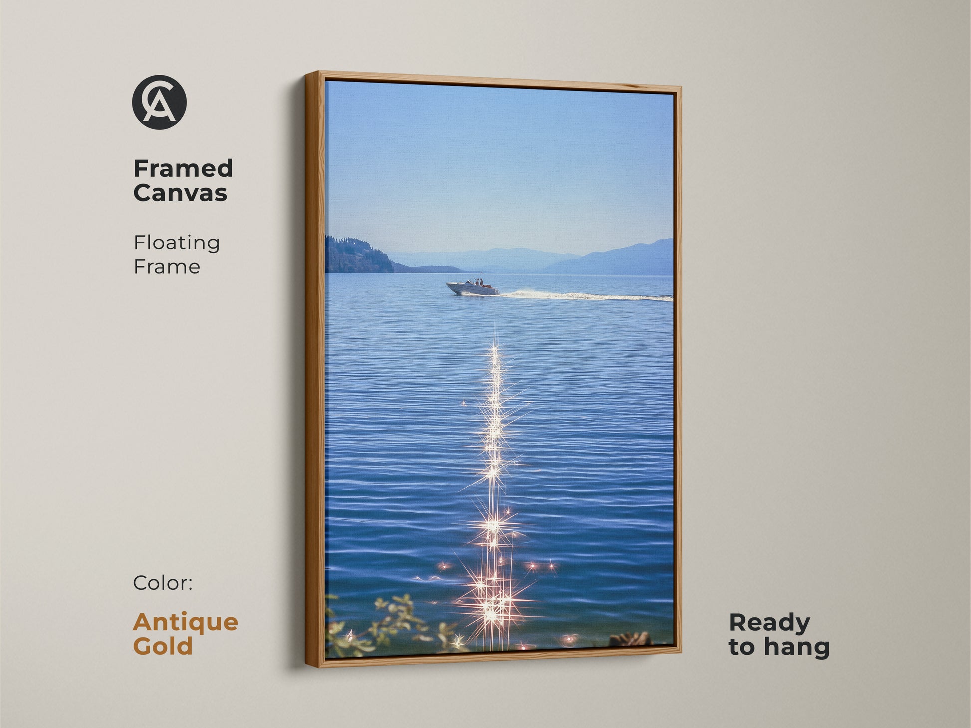 Antique gold framed canvas featuring a boat on blue water. The sparkling ocean artwork displays a realistic lake landscape. This ready to hang piece will enhance coastal bedroom wall decor for boat lovers. Summer water scene art as nautical home decor. Modern boat artwork for calm spaces.