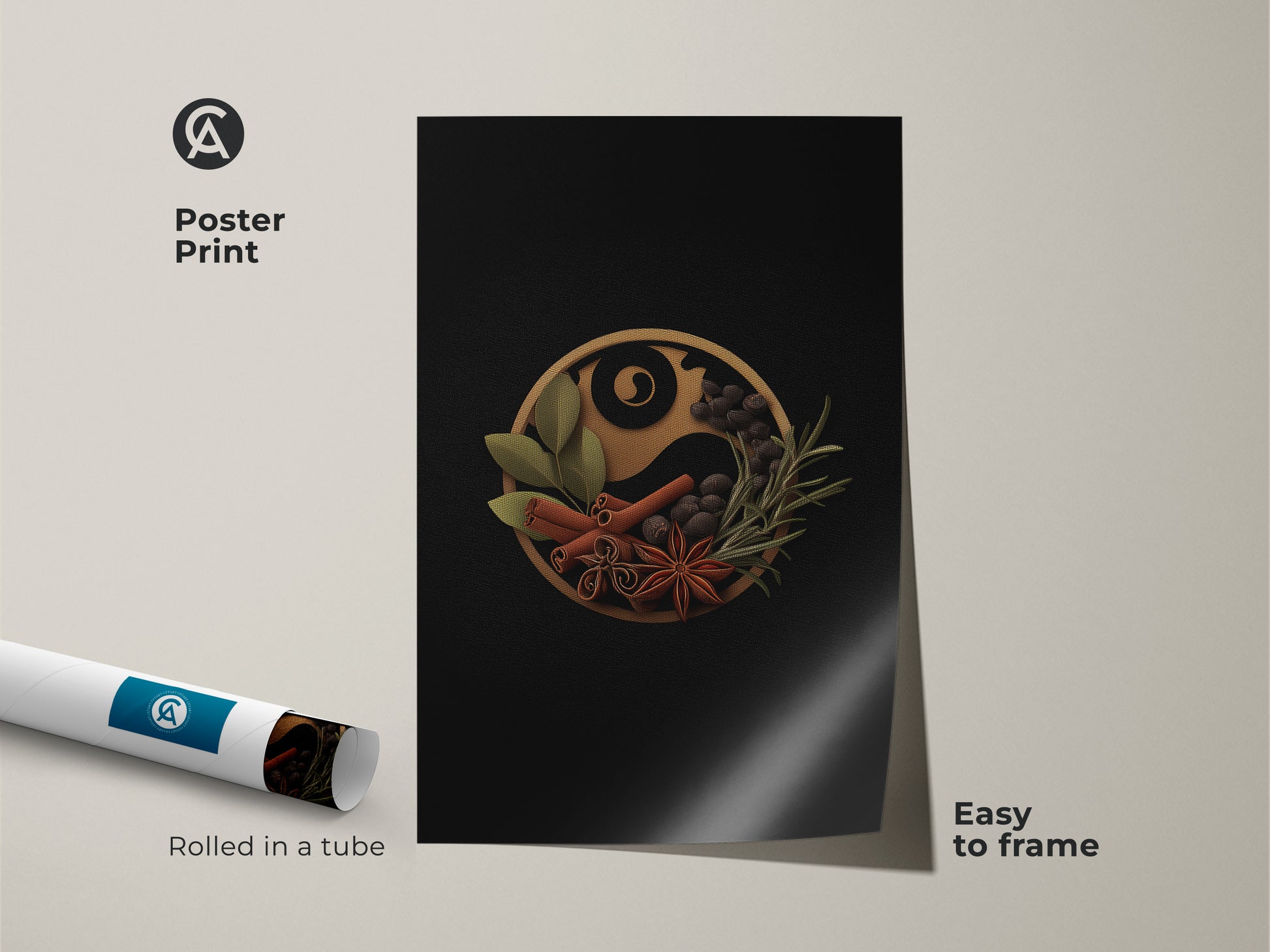 Poster print of the spice Yin Yang culinary art rolled in a tube easy to frame. This contemporary herb print is perfect for modern kitchen wall art. The black gold wall artwork features cinnamon star anise and other spices. A great housewarming gift canvas.