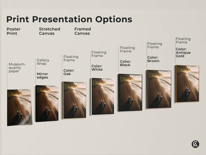 Print Presentation Options showcases a variety of art print options. From poster prints to stretched canvases to framed canvases. Each featuring the ATV on a black sand beach coastal art print.