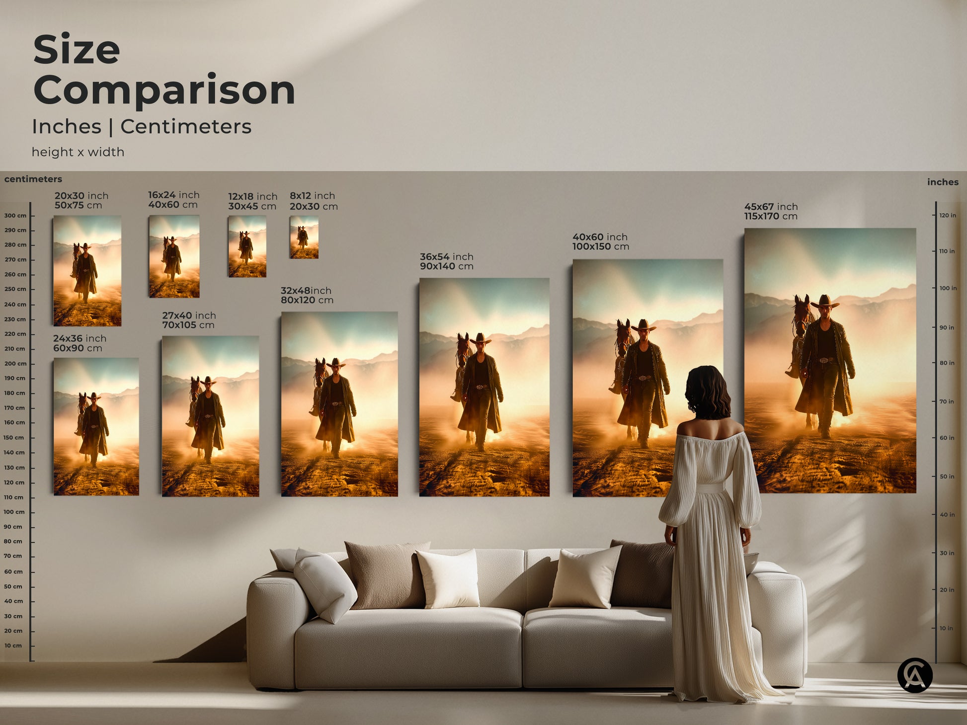 Size comparison of Western art prints with a cowboy and horse theme in inches and centimeters. Visualize how these rustic golden yellow and dusty orange canvas pieces enhance your space. Perfect for housewarming gift or man cave wall art find the ideal size for your home.