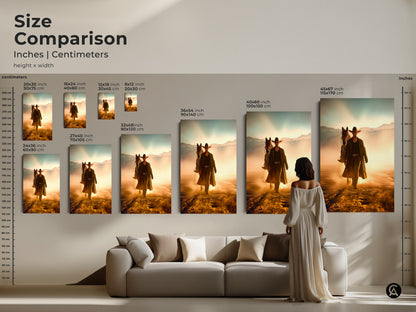Size comparison of Western art prints with a cowboy and horse theme in inches and centimeters. Visualize how these rustic golden yellow and dusty orange canvas pieces enhance your space. Perfect for housewarming gift or man cave wall art find the ideal size for your home.