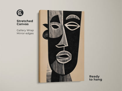 This stretched canvas features a striking abstract face. It showcases a blend of Mid-Century Modern and Bauhaus styles. The black and beige palette offers a minimalist aesthetic. The figurative portrait makes it ideal for neutral interiors. It adds sophisticated abstract art to your home office.