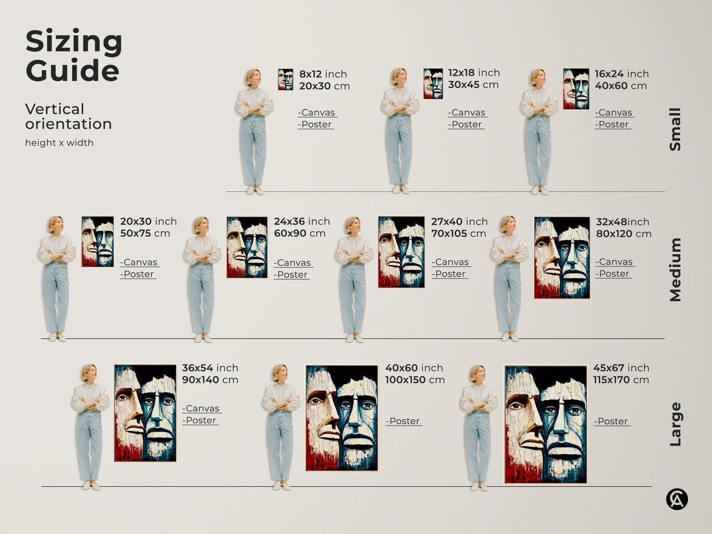 Sizing guide for abstract men portrait artwork. Options from small to large art prints. Canvas and poster vertical orientations. Artwork is perfect for home office or study. Get the right size for your unique wall hanging needs today.