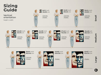 Sizing guide for abstract men portrait artwork. Options from small to large art prints. Canvas and poster vertical orientations. Artwork is perfect for home office or study. Get the right size for your unique wall hanging needs today.