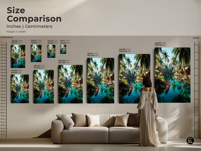 Size comparison of tropical island art prints in inches and centimeters. Visualize how artwork fits above a sofa. Various sizes available to suit your space. Enhance your home with beautiful art.