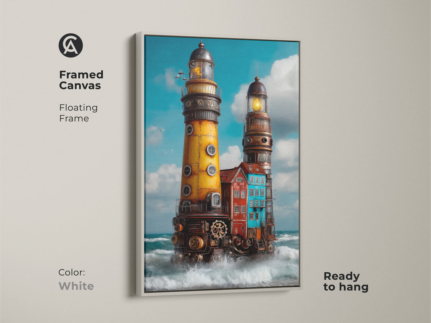 White framed canvas featuring steampunk lighthouse artwork. It is an industrial nautical coastal wall art canvas. The ocean seascape painting of a yellow lighthouse is ready to hang in any room.