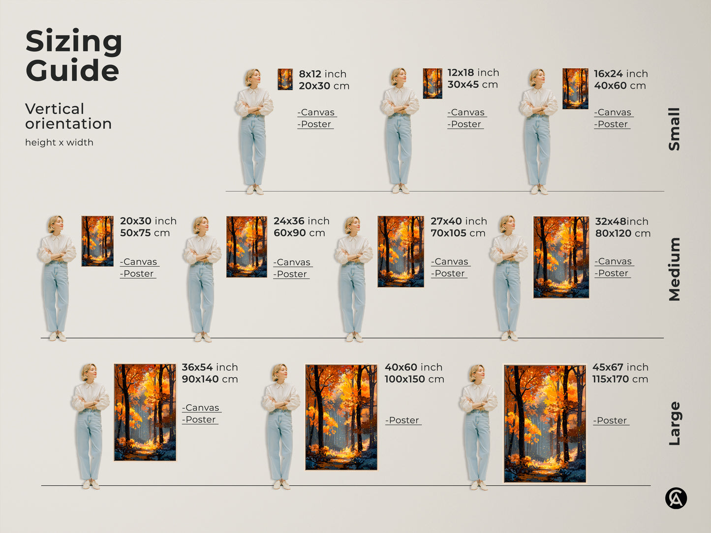 Sizing guide for vertical autumn forest artwork. Available in various sizes for canvas and poster prints. Find the perfect size to complement your space. Transform your walls with this captivating nature-inspired artwork.