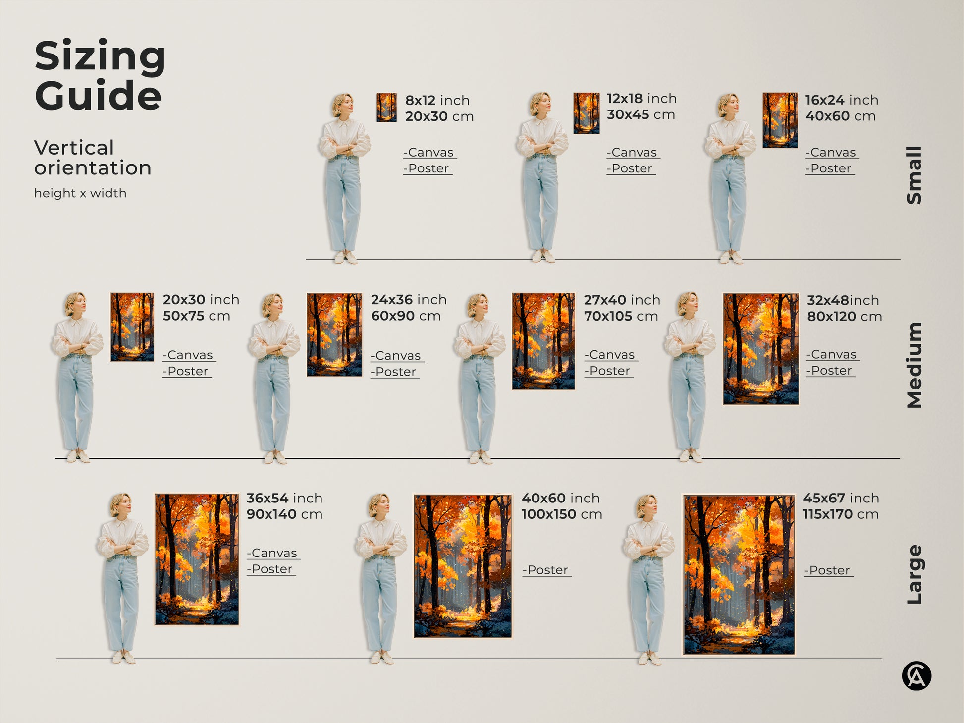 Sizing guide for vertical autumn forest artwork. Available in various sizes for canvas and poster prints. Find the perfect size to complement your space. Transform your walls with this captivating nature-inspired artwork.