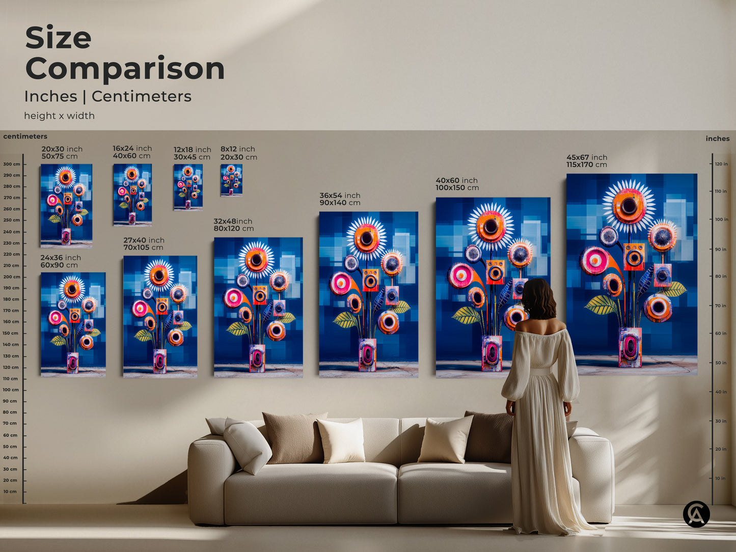 Compare sizes of this abstract geometric floral artwork in inches and centimeters. From smaller 8x12 inch prints to large 45x67 inch canvases find the perfect dimensions for your living room geometric art or office space wall art.