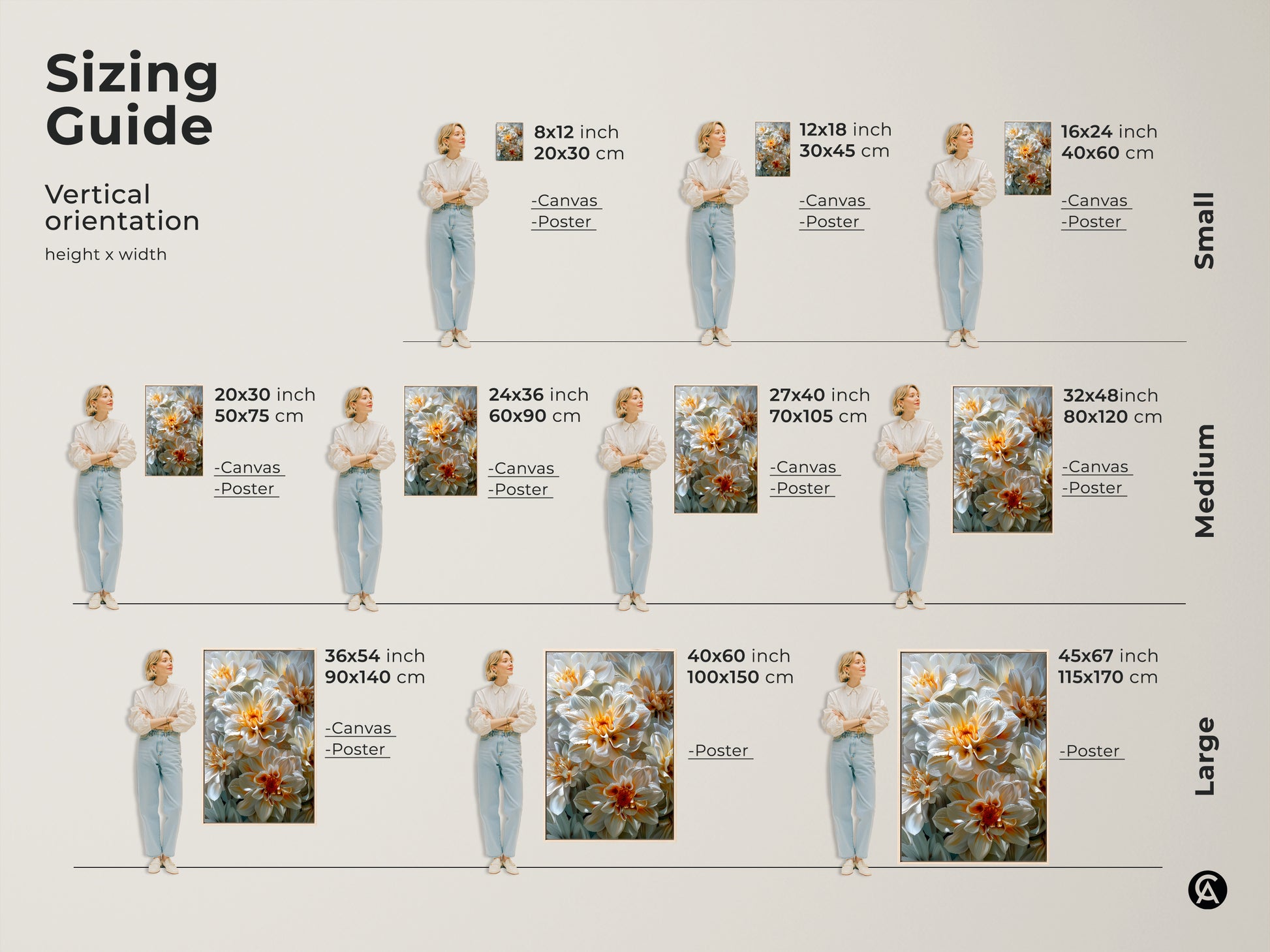 Sizing guide for dahlia floral art prints in vertical orientation. Available in small medium and large sizes. Visualize how canvas and poster art will look in your space. Find the perfect fit for your home decor needs. Transform your walls with beautiful floral art.