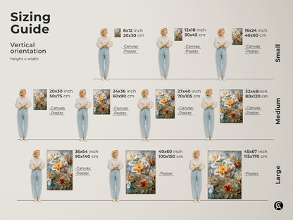 Sizing guide for dahlia floral art prints in vertical orientation. Available in small medium and large sizes. Visualize how canvas and poster art will look in your space. Find the perfect fit for your home decor needs. Transform your walls with beautiful floral art.
