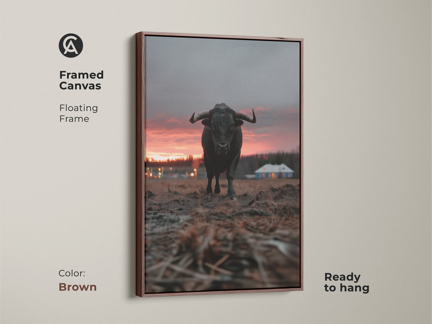 Brown framed bull canvas art with a floating frame ready to hang. This rustic farmhouse wall decor showcases crimson orange grey animal art. It is perfect as entryway home decor gift. The rural house landscape art elevates any space.