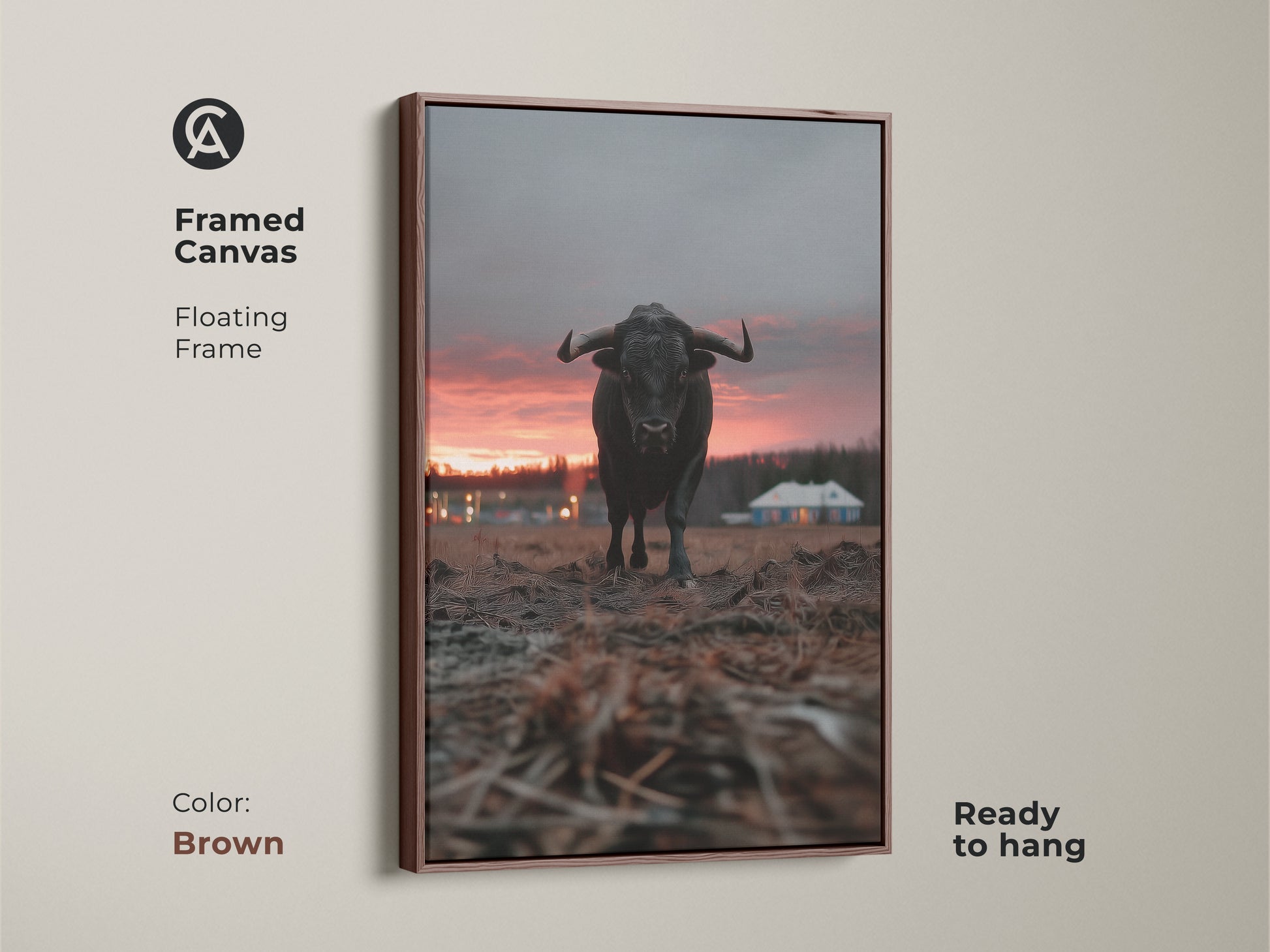 Brown framed bull canvas art with a floating frame ready to hang. This rustic farmhouse wall decor showcases crimson orange grey animal art. It is perfect as entryway home decor gift. The rural house landscape art elevates any space.
