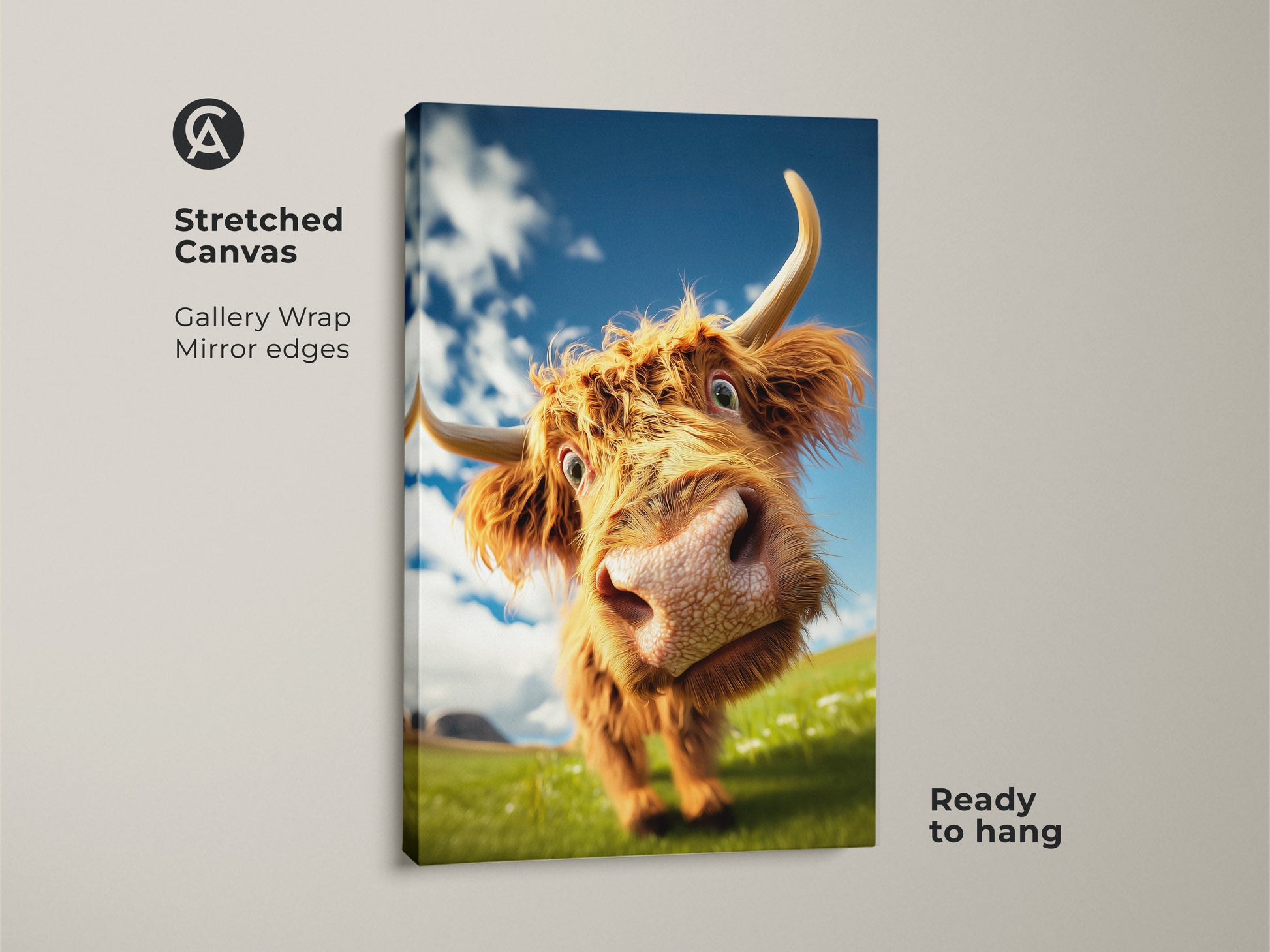 This is a farmhouse wall art print of a cute cow face. This stretched canvas features gallery-wrapped mirror edges. Ready to hang this rustic animal lover gift in your country bedroom.