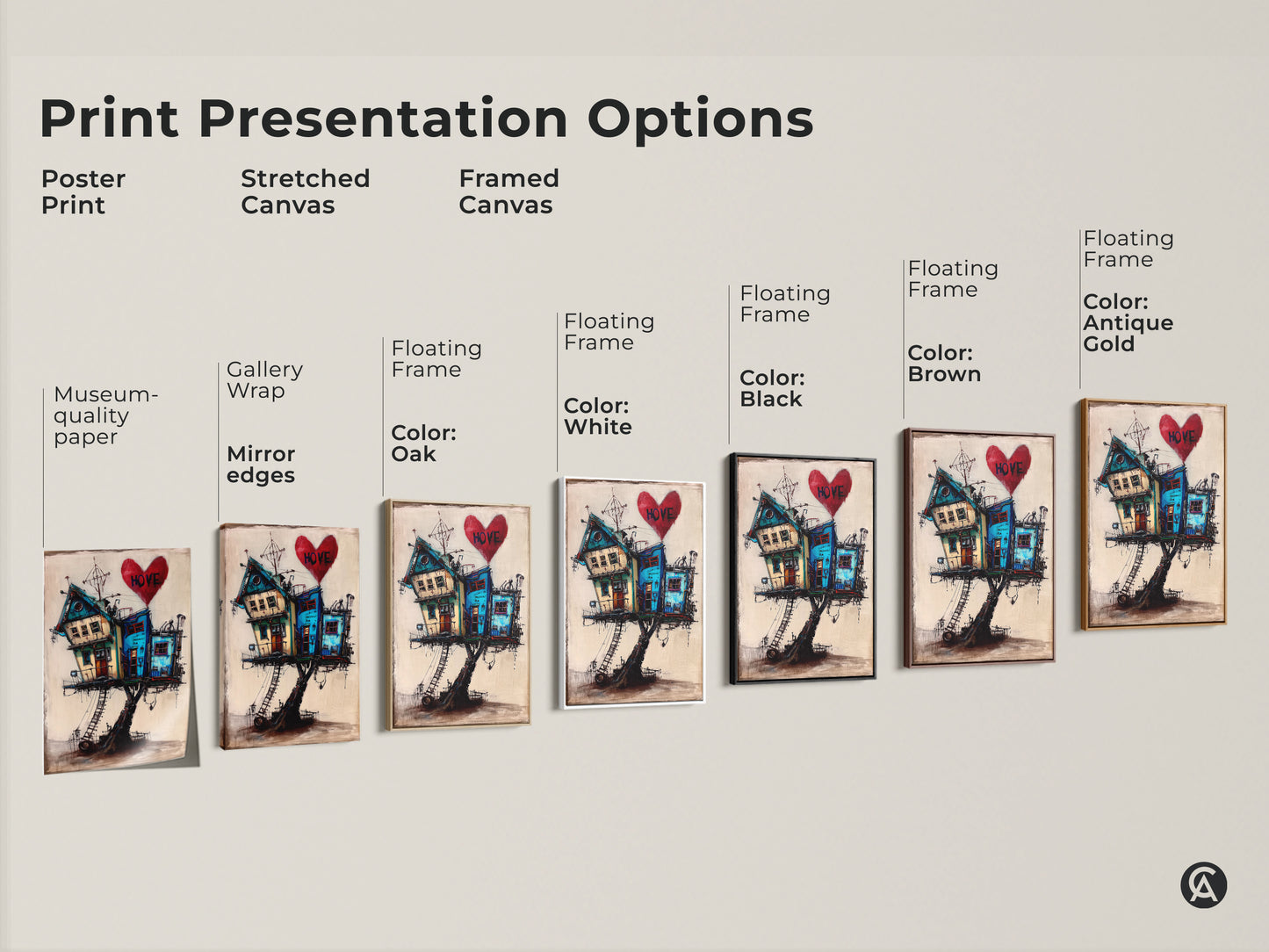 Sizing guide showcases vertical surreal house art. See canvas and poster sizes with a whimsical house on stilts. Choose the perfect scale for your eclectic home decor art. Teal blue and red art fits any space. Perfect for a unique gift.