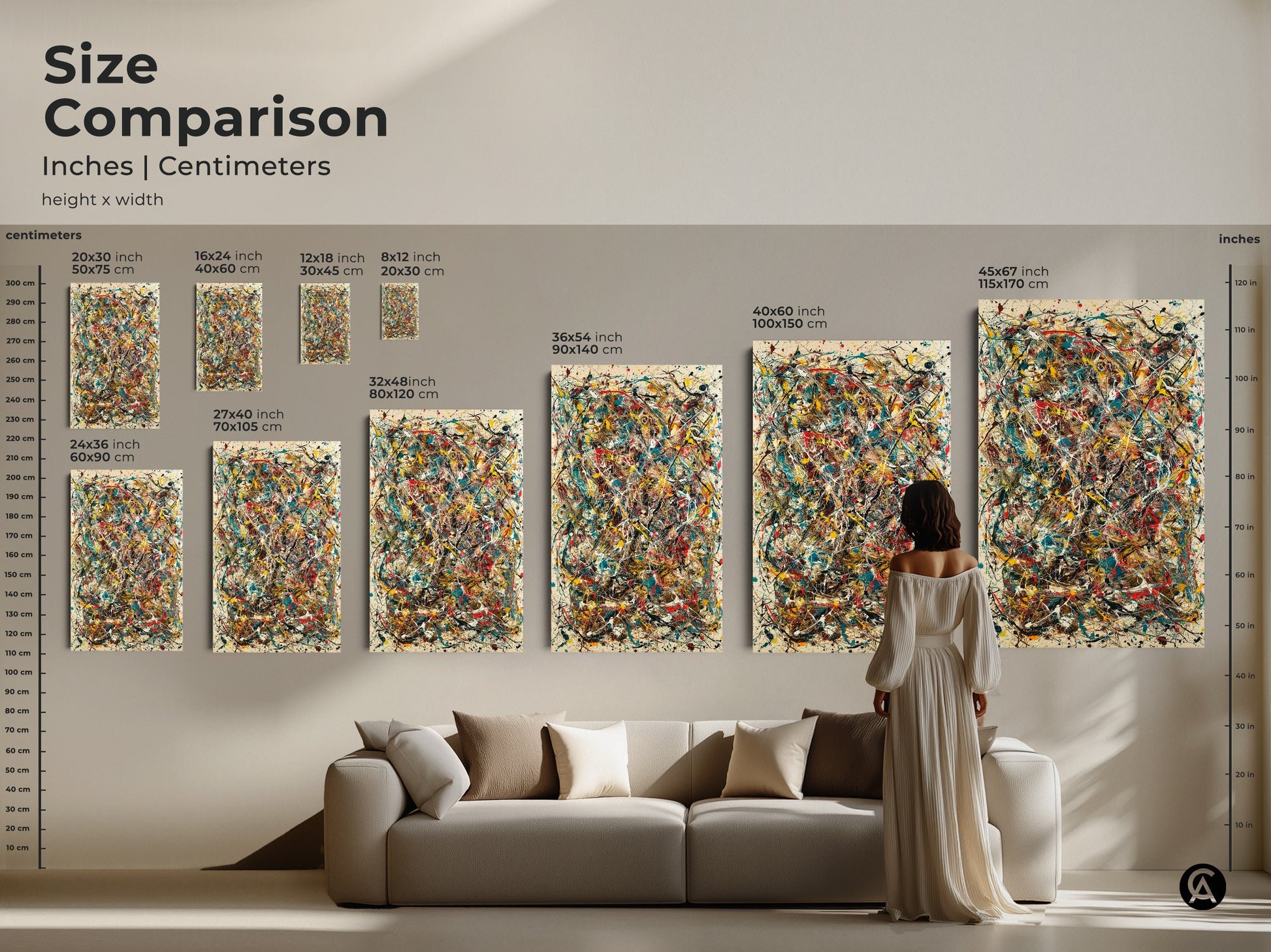 Size comparison of abstract artwork prints. See how canvas and posters look in various sizes. From 8x12 to 45x67 inches. Perfect for any room. Find the ideal artwork dimensions for your space.