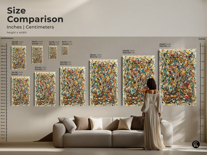 Size comparison of abstract artwork prints. See how canvas and posters look in various sizes. From 8x12 to 45x67 inches. Perfect for any room. Find the ideal artwork dimensions for your space.