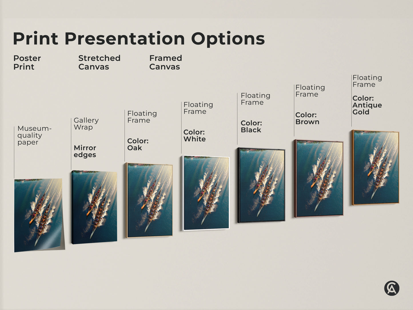 Explore print presentation options with this museum-quality rowing team art. Choose from poster print stretched canvas or framed canvas. Gallery wrap and floating frame styles available. Perfect for adding a touch of modern sports art to any space. Ideal gift.