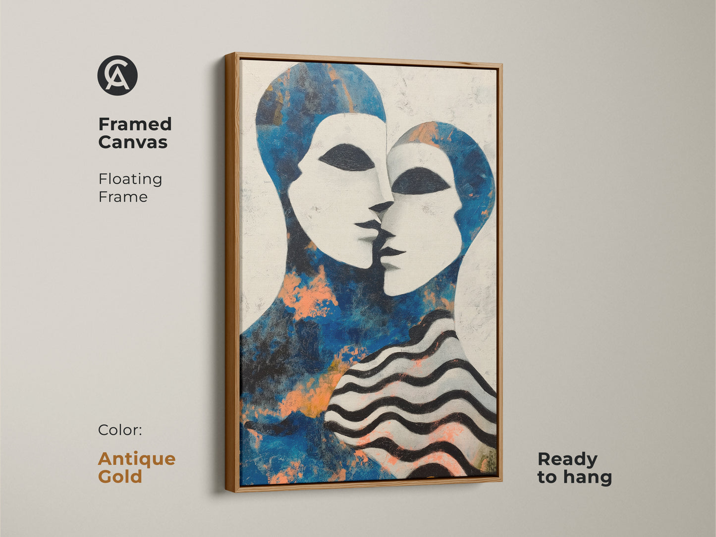 A stylish contemporary abstract couple art print. The blue and white figurative faces canvas is framed in black. It's a great anniversary gift for couples. The artwork enhances any eclectic home decor setting with its modern feel.
