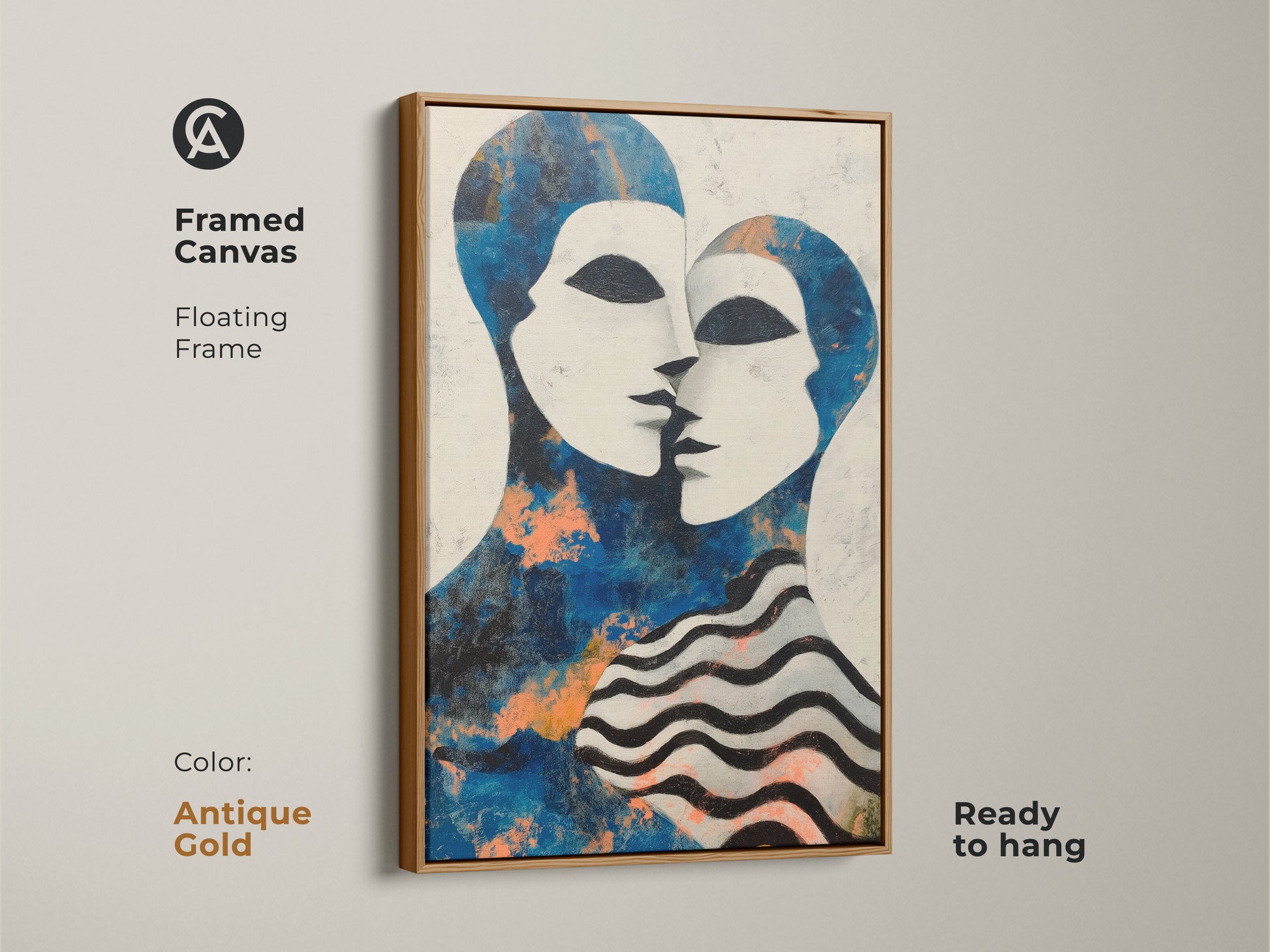 A stylish contemporary abstract couple art print. The blue and white figurative faces canvas is framed in black. It's a great anniversary gift for couples. The artwork enhances any eclectic home decor setting with its modern feel.