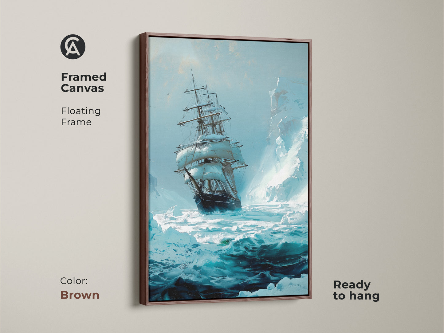 A framed nautical canvas art with a brown floating frame is displayed. This vintage ocean sailboat artwork captures an iceberg maritime scene. Ready to hang the deep teal blue print enhances any space.