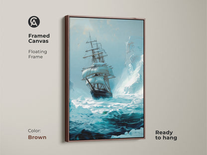 A framed nautical canvas art with a brown floating frame is displayed. This vintage ocean sailboat artwork captures an iceberg maritime scene. Ready to hang the deep teal blue print enhances any space.