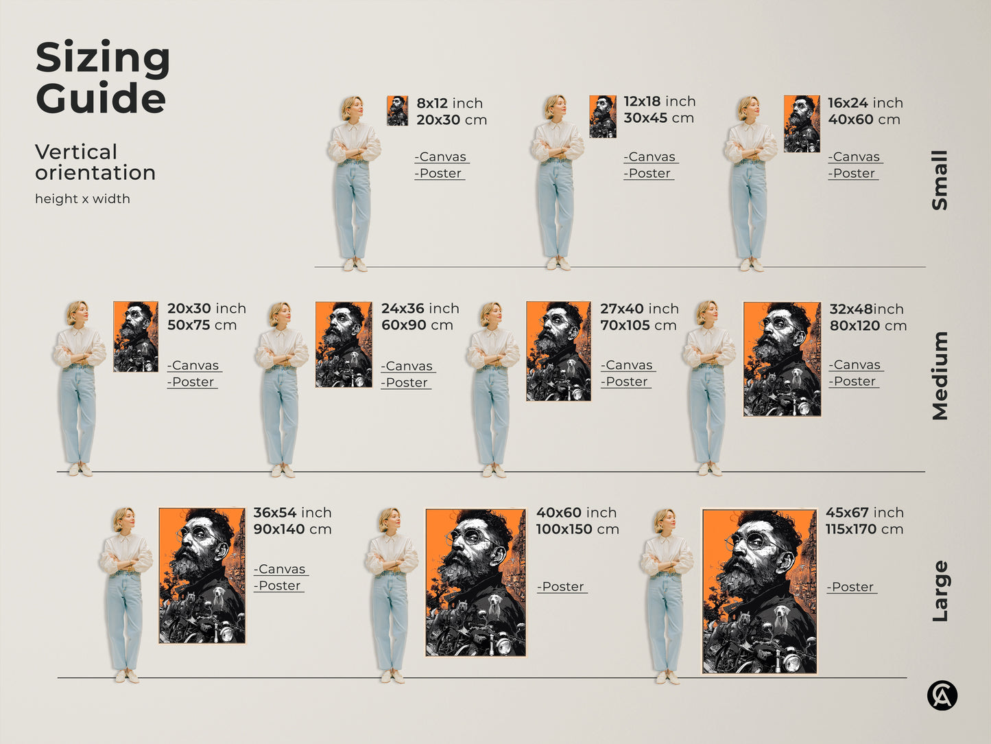 Sizing guide for vertical artwork. Available as canvas or poster in various sizes. Sizes range from small to large. This art features a bearded man with dogs and a motorcycle on an orange background.