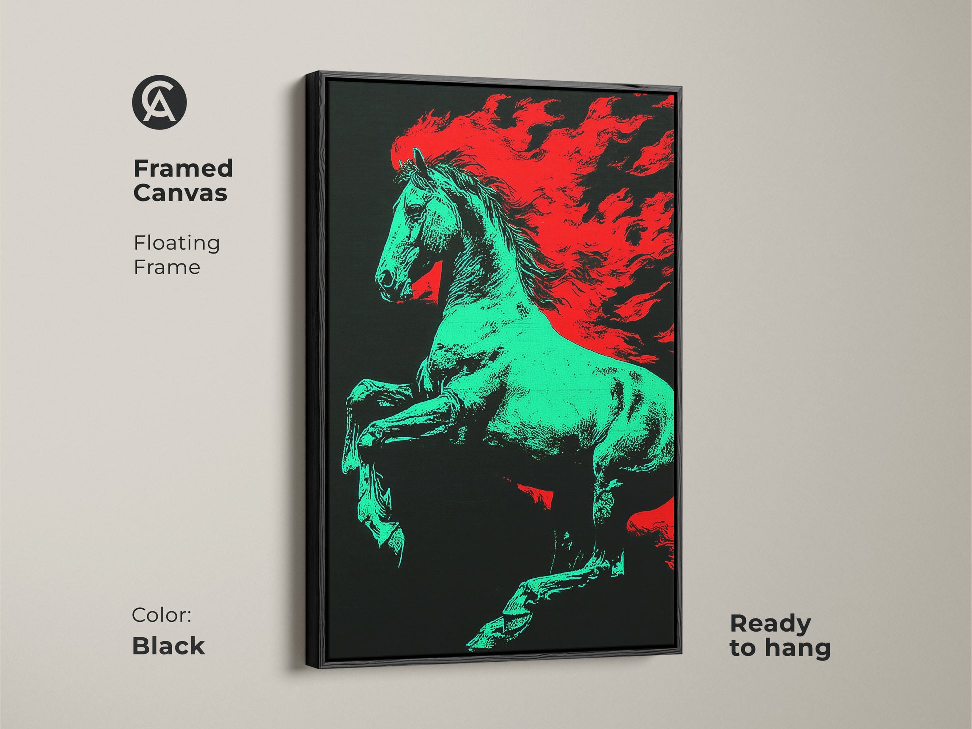 Framed canvas art featuring a green and red flaming horse. Black floating frame adds a modern touch. This bold contrast artwork is ready to hang. Ideal eclectic home decor for horse lovers and art enthusiasts.