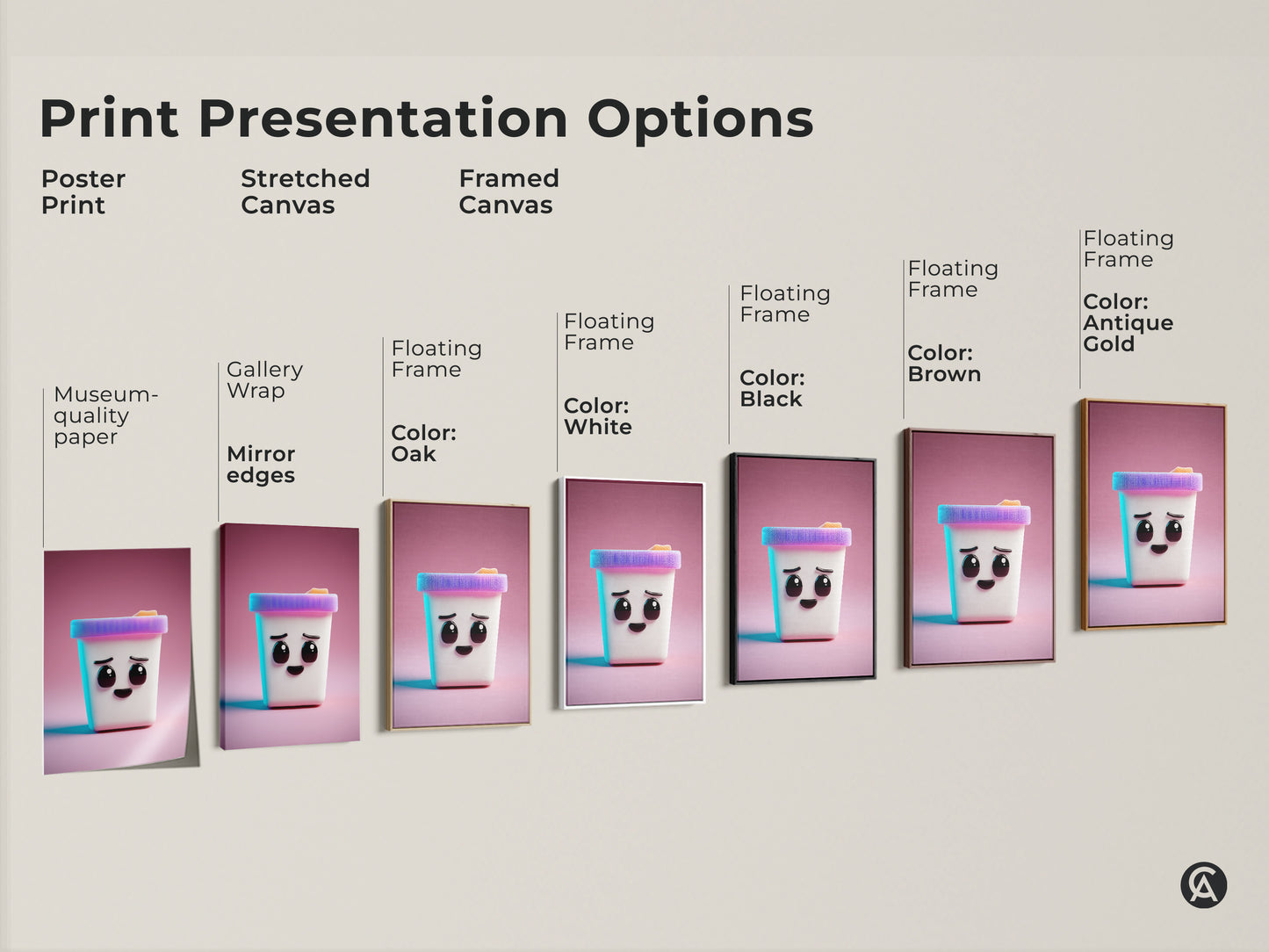 Print presentation options include a poster print. There is also a stretched canvas print and a framed canvas print. The art features a cute Kawaii ice cream cone in a modern abstract style.