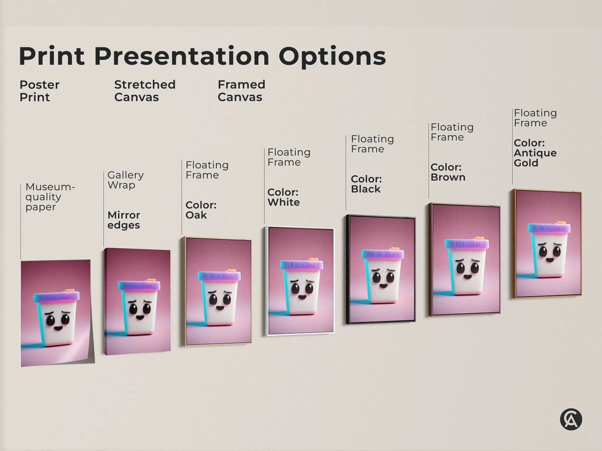 Print presentation options include a poster print. There is also a stretched canvas print and a framed canvas print. The art features a cute Kawaii ice cream cone in a modern abstract style.
