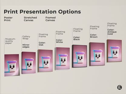 Print presentation options include a poster print. There is also a stretched canvas print and a framed canvas print. The art features a cute Kawaii ice cream cone in a modern abstract style.