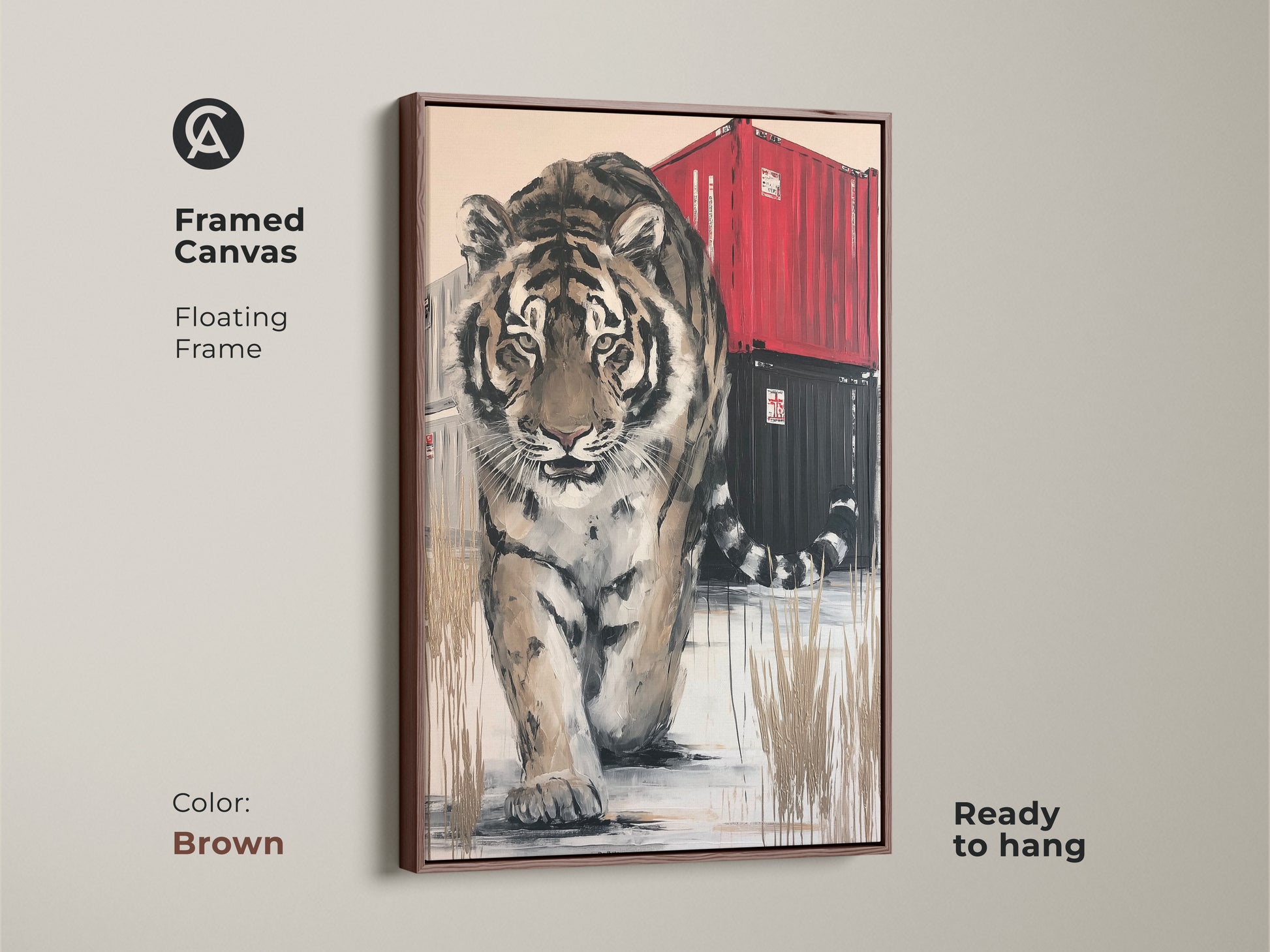 Framed canvas art print featuring a tiger with a floating brown frame. This contemporary animal artwork is ready to hang. The brown frame enhances the art adding warmth to your living room or office wall decor.