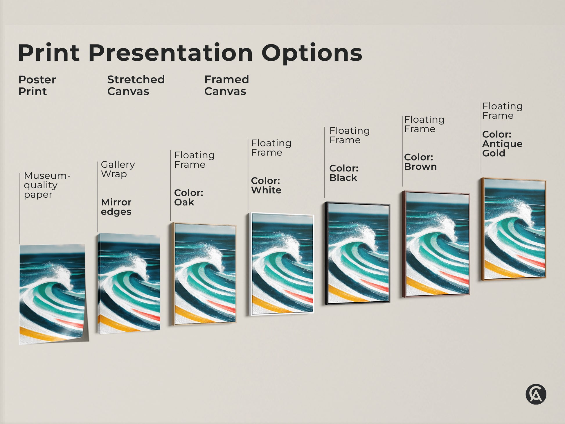Explore presentation options for coastal abstract artwork. See poster prints stretched canvases and framed canvases in various styles. Find the perfect modern art to complement your space whether it is a museum quality paper or gallery wrapped canvas with floating frame.
