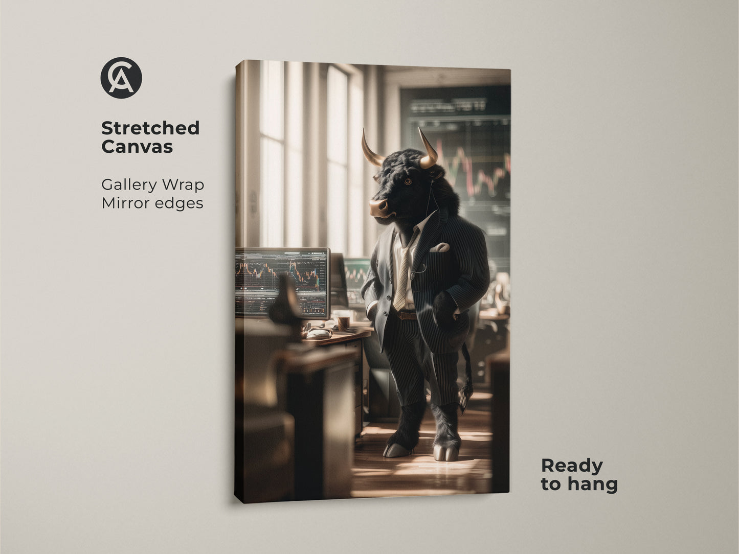 This is a stretched canvas print of a bull dressed in a business suit. The gallery wrap with mirror edges adds a modern touch. Ready to hang this canvas art brings Wall Street to your home. It's perfect for finance professionals and art collectors.