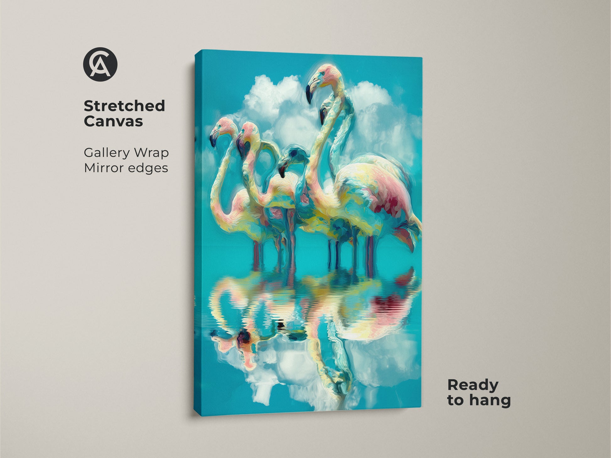 Close-up of a stretched canvas print featuring abstract flamingos. The gallery wrap has mirrored edges for a seamless look. This tropical bird art is ready to hang. It makes a vibrant addition to eclectic decor.